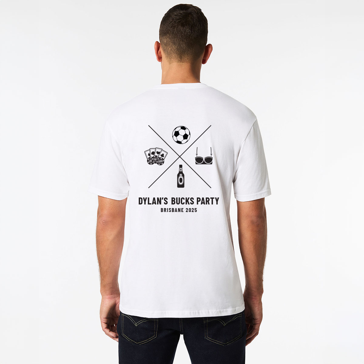Personalised Bucks t-shirt Design 20 White Back Wicked Partystore