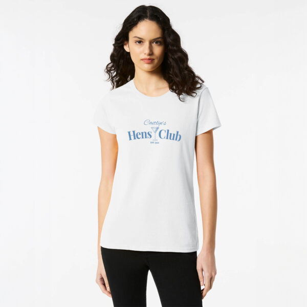 Personalised Hens Club Top Design 33 White Front Blue