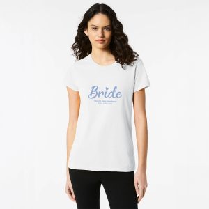 Personalised Hens Bride Top Design 6a White Front Blue
